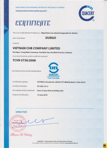 Chứng nhận TCVN 5730:2008 - Sơn DURGO - Công Ty TNHH CHB Việt Nam